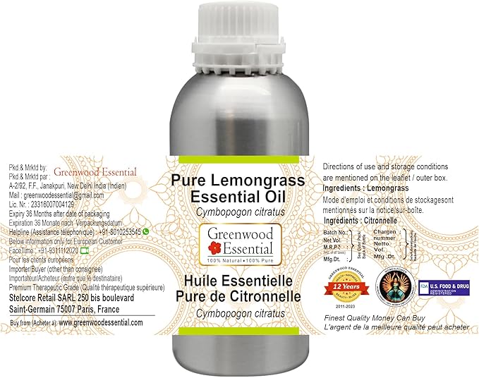 Greenwood Essential Pure Lemongrass Essential Oil (Cymbopogon citratus) Steam Distilled 630ml (21.3 oz)