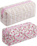 HHQQWZ Cute Floral Cotton Makeup Brush Cosmetic Bag for Women, Travel Quilted Zipper Make Up Bag, Flowers Toiletry Organizer Case Kawaii Makeup Cosmetic Travel Cloth Pouch (Pink+Red Floral)