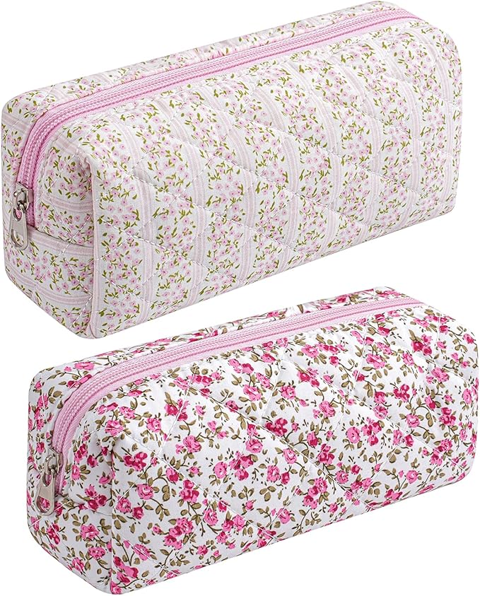 HHQQWZ Cute Floral Cotton Makeup Brush Cosmetic Bag for Women, Travel Quilted Zipper Make Up Bag, Flowers Toiletry Organizer Case Kawaii Makeup Cosmetic Travel Cloth Pouch (Pink+Red Floral)