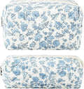 URSKYTOUS 2Pcs Floral Makeup Bag for Women Cotton Quilted Small Coquette Cosmetic Bag Cute Zipper Blue Flower Makeup Pouch Aesthetic Portable Pencil Case Travel Toiletry Bag Trendy Cloth Skincare Bag