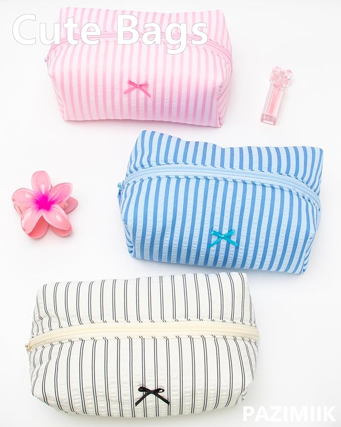 PAZIMIIK 6PCS Cozy Makeup Bag Small Aesthetic Travel Zipper Cosmetic Pouch for Women Make Up Beauty Accessories Brushes, Stripe Lake Blue