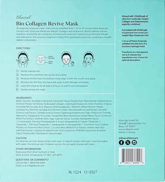 Ebanel Bio Collagen Face Mask, 4-Pack Hydrating Overnight Korean Sheet Mask