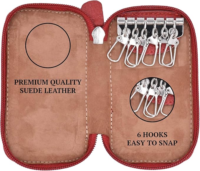 Adamis Full Grain Genuine Leather Keychain Holder Pouch, Key Case, Soft Strong and Compact Organizer and Wallet with Zip Closure for Extra Safety and 6 Key Holder Hooks in Red