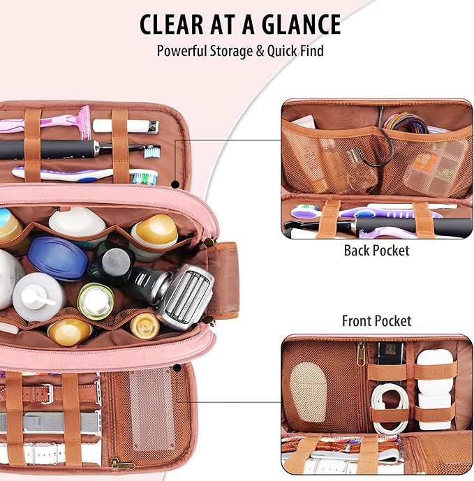 COOSKY Travel Toiletry Bag for Women, Large Hanging Toiletries Organizer Bags for Man, Cruise Ship Essentials, Water-resistant Shaving Case, PU Leather Makeup Accessories, Cosmetic Dopp Kit, Pink