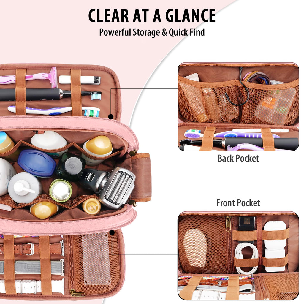 COOSKY Travel Toiletry Bag for Women, Large Hanging Toiletries Organizer Bags for Man, Cruise Ship Essentials, Water-resistant Shaving Case, PU Leather Makeup Accessories, Cosmetic Dopp Kit, Pink