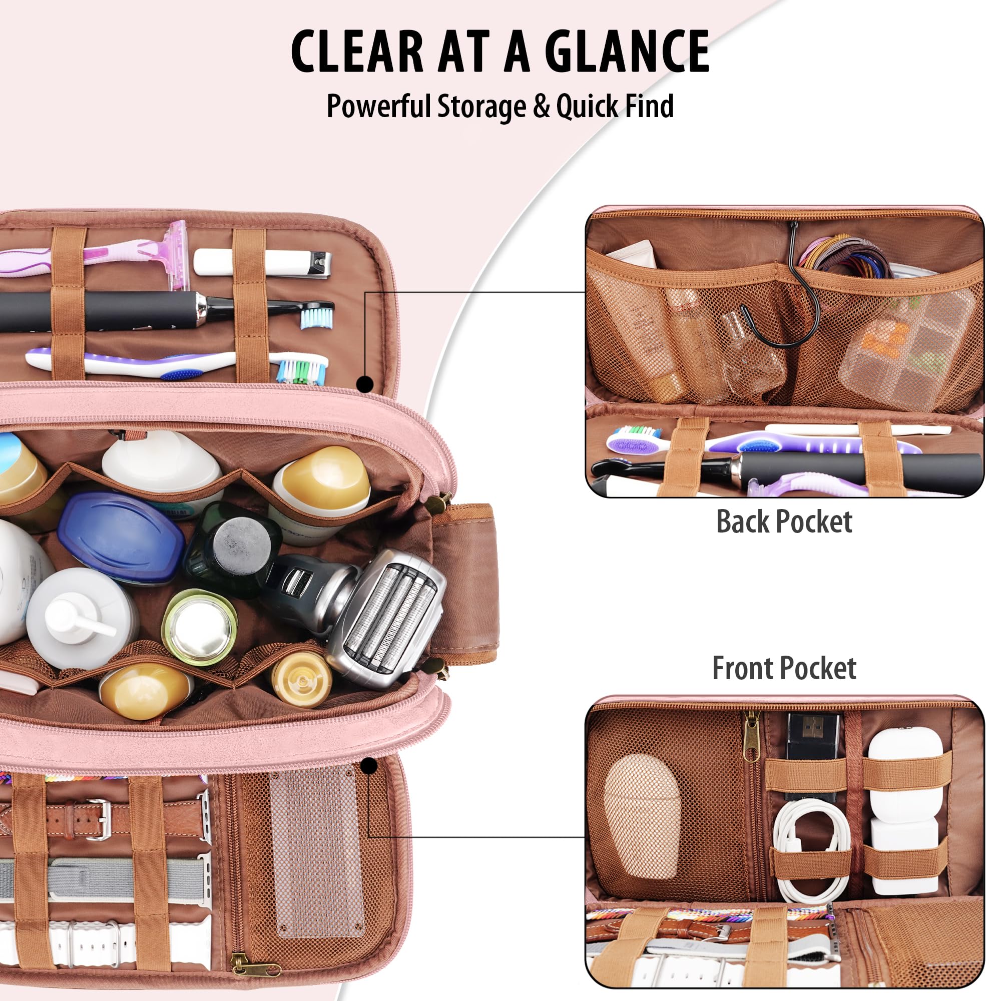 COOSKY Travel Toiletry Bag for Women, Large Hanging Toiletries Organizer Bags for Man, Cruise Ship Essentials, Water-resistant Shaving Case, PU Leather Makeup Accessories, Cosmetic Dopp Kit, Pink