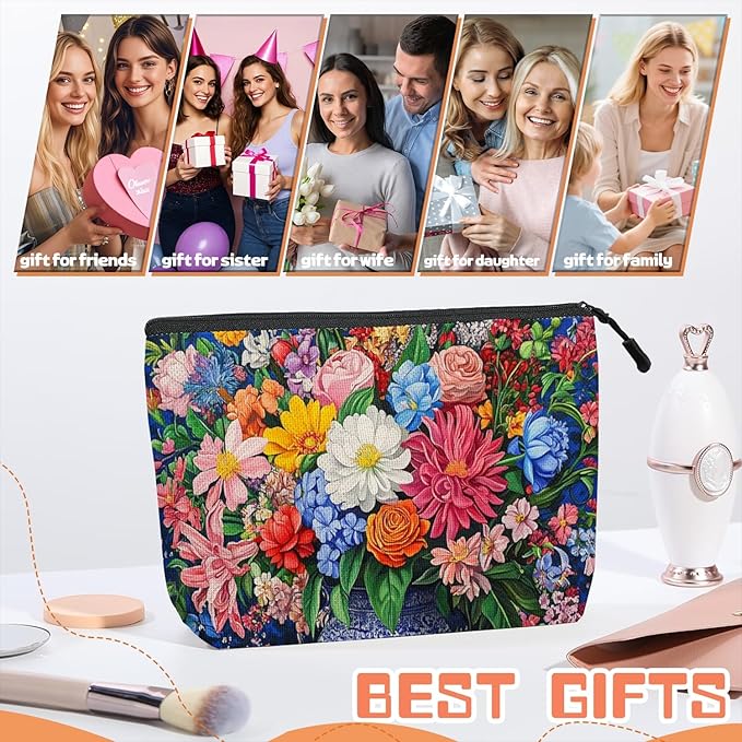 Scribesense Cosmetic Bags Travel Makeup Toilet Case Waterproof Pouch for Women Girls 6.7X9.45inches - Bouquet of Flowers