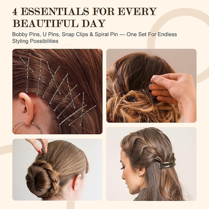 FLAREANN Gray Bobby Pins Set with U Shape Pins, Spiral Pin & Snap Clips