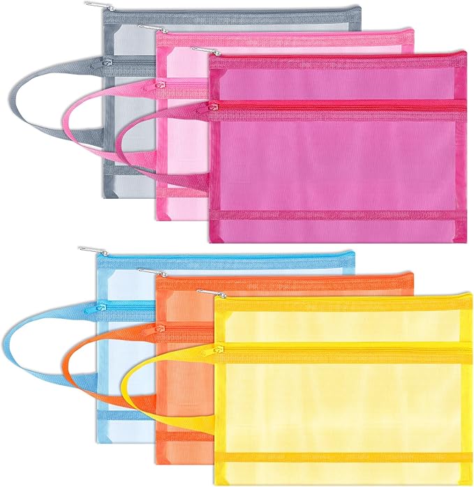 Fassave 6 Pack Mesh Zipper Pouch Bags, Double Layer Nylon Pouch with Handle for Office Travel Organization (Multicolor, A5)