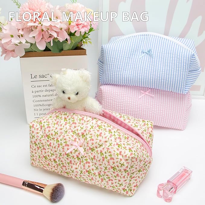PAZIMIIK Cozy Makeup Bag for Women,Zipper Cosmetic Pouch,Floral Pink