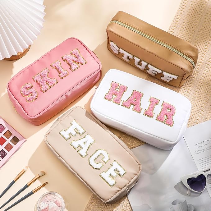 Remerry 4 Pcs Nylon Makeup Bags Waterproof Spacious Travel Cosmetic Bag for Women Chenille Letter Preppy Zipper Pouch Face Stuff Skin Hair Organizer Gift(Light Brown, Beige, Light Pink, White)