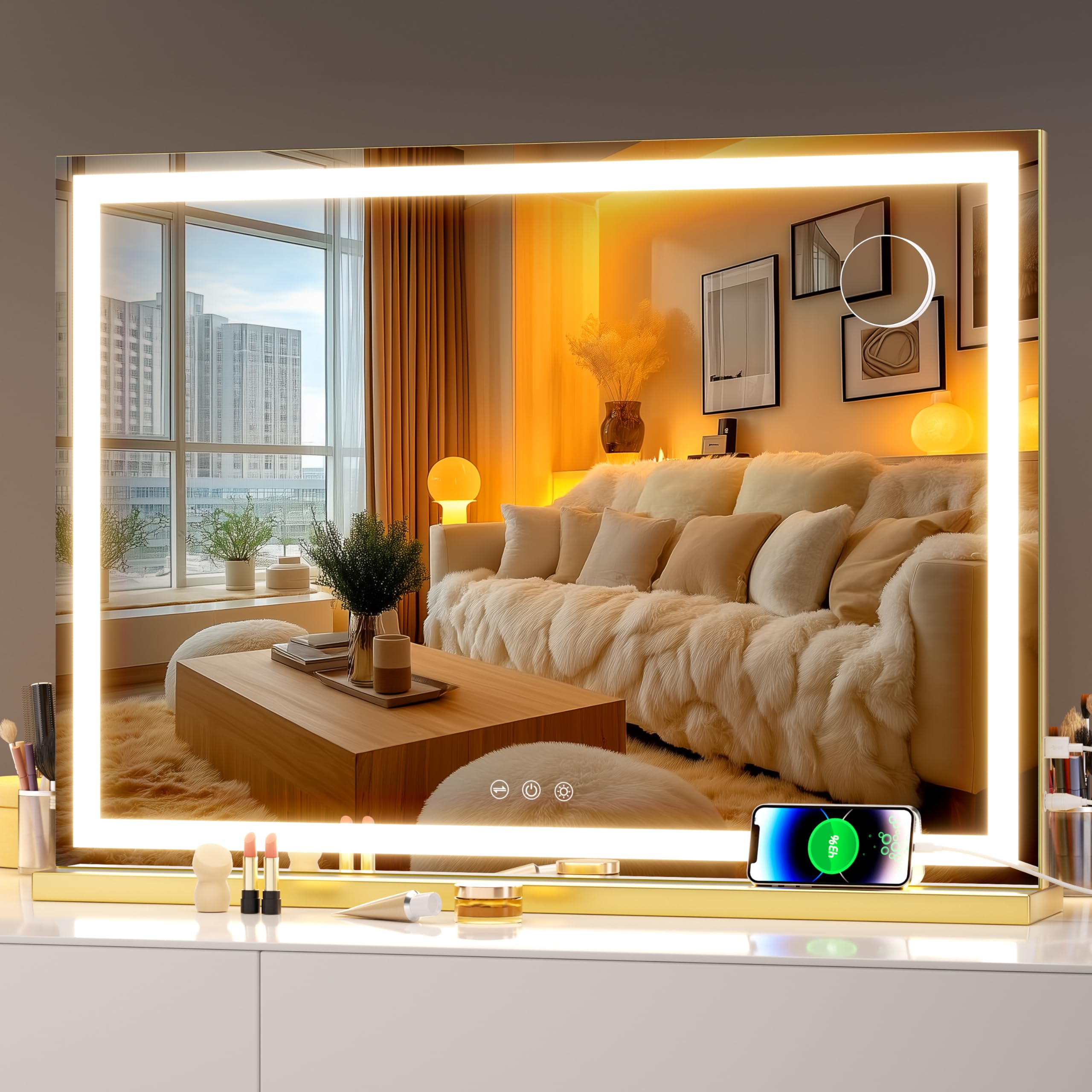 Hasipu Vanity Mirror with Lights, 28" x 20" LED Makeup Mirror, Lighted Makeup Mirror with Dimmable 3 Modes, Touch Screen Control Vanity Mirror Square Gold