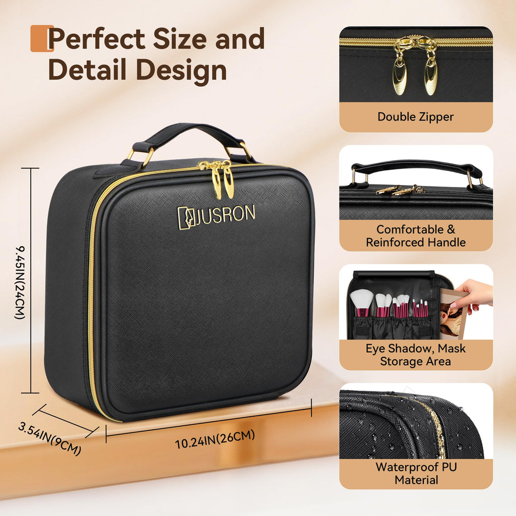 JUSRON Travel Makeup Bag Portable Storage Bag with Adjustable Dividers for Cosmetics Makeup Brushes for Women Beauty Tools Accessories Case (Black), MR0041