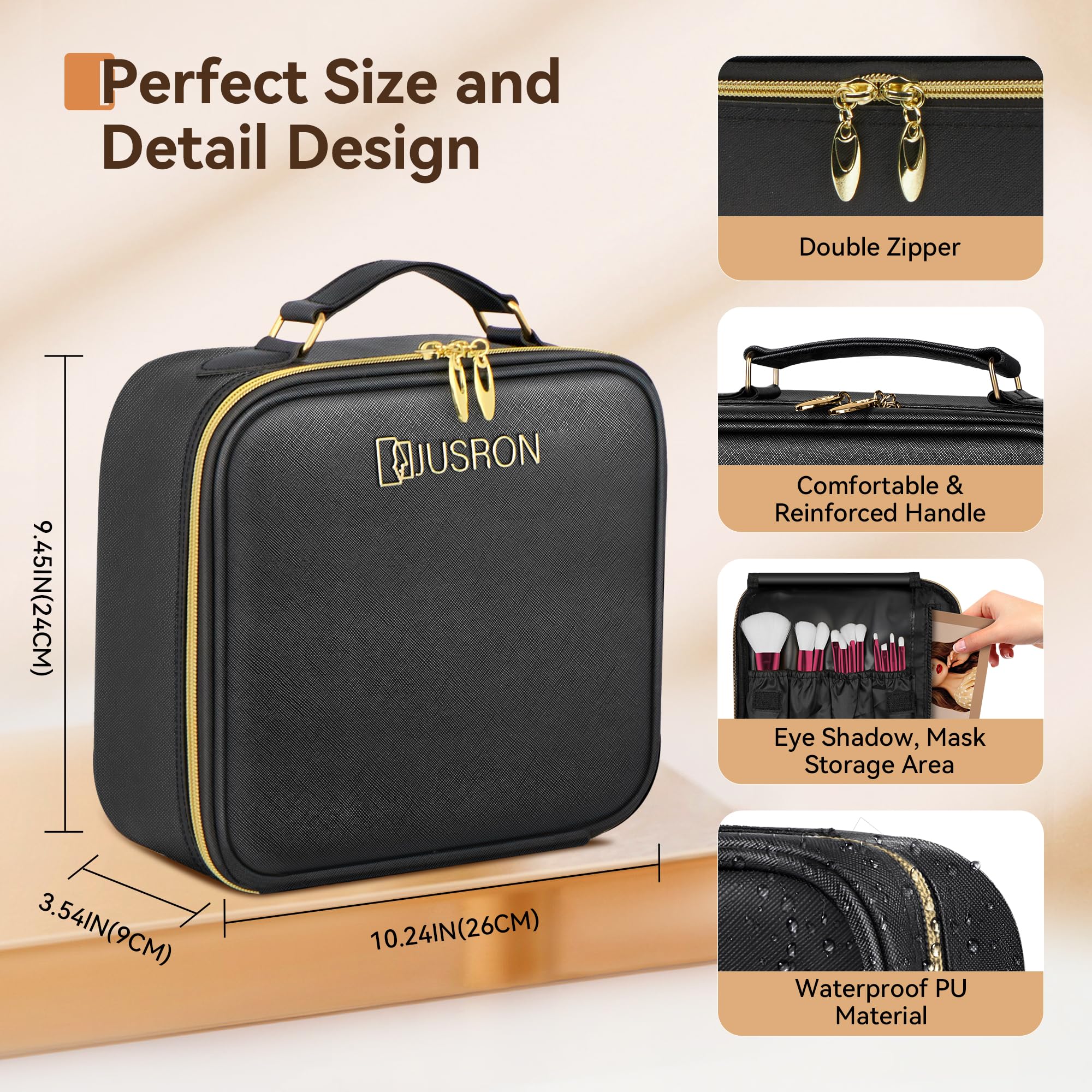 JUSRON Travel Makeup Bag Portable Storage Bag with Adjustable Dividers for Cosmetics Makeup Brushes for Women Beauty Tools Accessories Case (Black), MR0041
