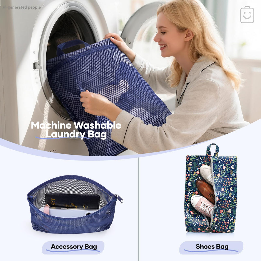 Veken 11 Set Compression Seting Cubes Garment Bags for Travel Essentials,Compressible Expandable Luggage Organizer Bags for Clothing,Space Saver Bags with Over 99 pcs of Mesh Holes(Dark Blue Floral)