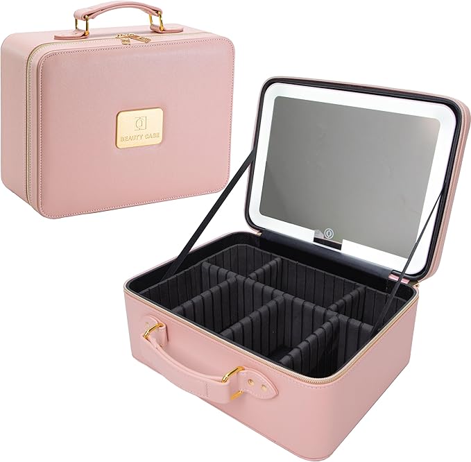 ZhenGuiRu Leather Makeup Bag with Lighted Mirror, 11.5'' Travel Makeup Organizer Bag with Adjustable 3 Colors Light and Dividers, Cosmetic Organizer Artist Storage Bag Pink