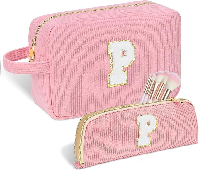 Sernaxi Personalized Initial Makeup Bag Trendy Stuff Corduroy Cosmetic Bag Travel Toiletry Bag, Valentine’s Day Gift Makeup Organizer Case & Makeup Pouch for Women teen Girls Mom Girlfriend Wife