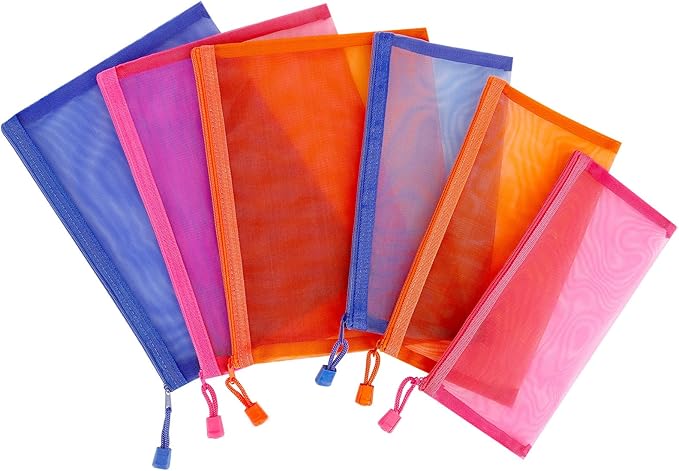 Sinzip 12 Pieces Zipper Nylon Mesh Pouch, Mesh Cosmetic Bags Makeup Bags Pencil Case, Multipurpose Travel Bags for Cosmetic School Office Supplies and Travel Accessories (Multicolored 01, A5+B6)