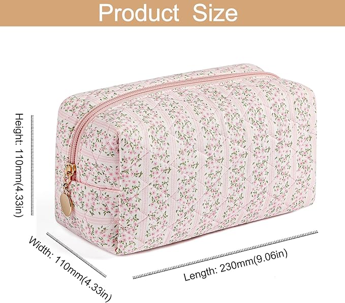 HHQQWZ Makeup Bag Travel Cosmetic Bag for Women Girls, Zipper Make Up Pouch, Floral Flowers Toiletry Organizer Makeup, Portable Storage Cosmetic Travel Cloth Bag (Pink+White Small Flower)