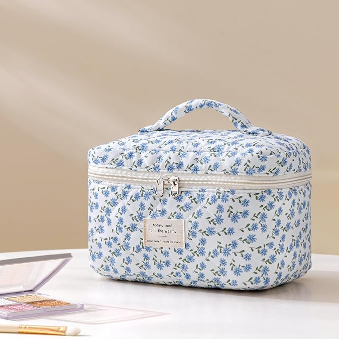 HBselect Quilted Makeup Bag, 3Pcs Cotton Large Travel Makeup Bags Organizer