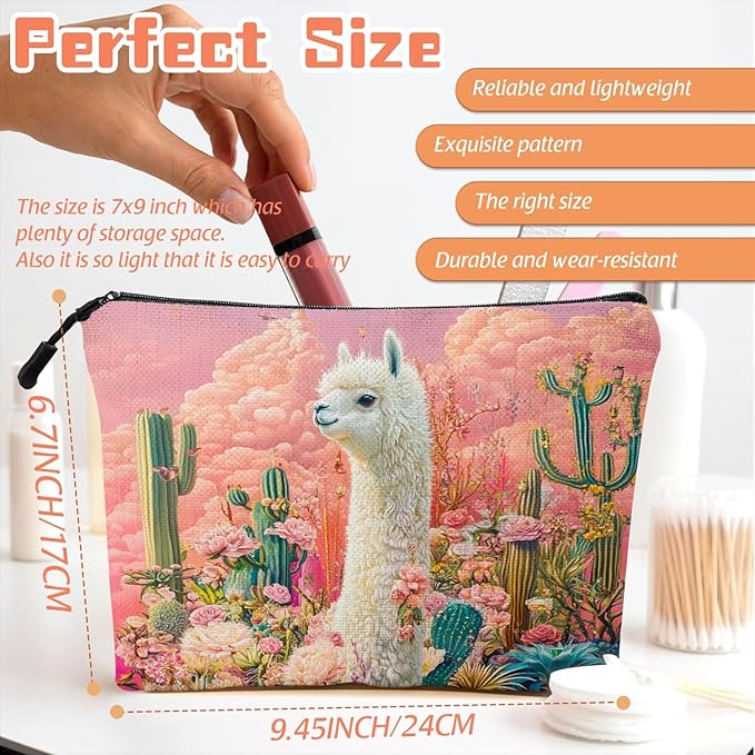 Scribesense Cosmetic Bags Travel Makeup Toilet Case Waterproof Pouch for Women Girls 6.7X9.45inches - White Alpaca Stand BetweenFlowers And Cacti