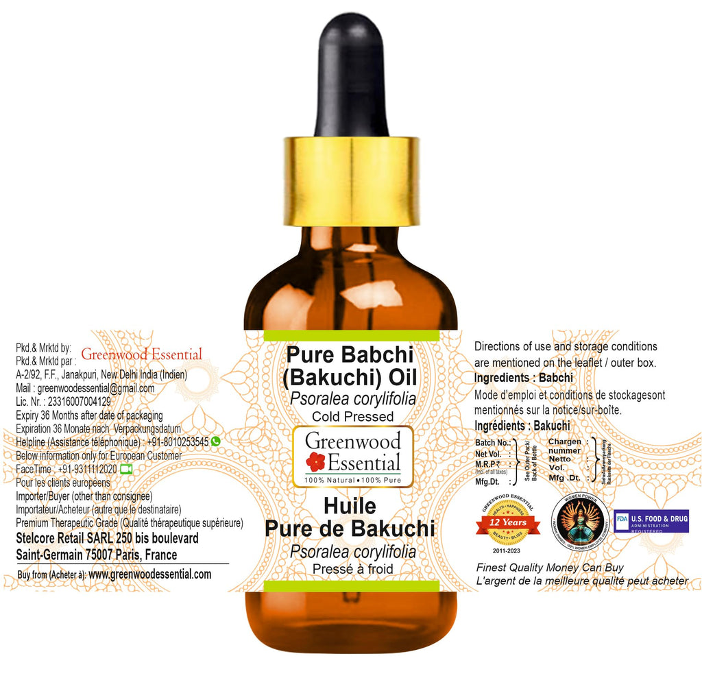 Greenwood Essential Babchi (Bakuchi) Oil (Psoralea corylifolia) with Glass Dropper | Cold Pressed | Natural | Undiluted | For Diluting Essential Oils | For Skin & Massage | Unisex |100ml X 2 (6.76 oz)