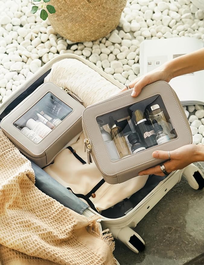 Popvibe Clear Makeup Bag Travel Cosmetic Case Clear Toiletry Bag with Zipper Make Up Organizer Traveling Compact Car Bag Stone Medium