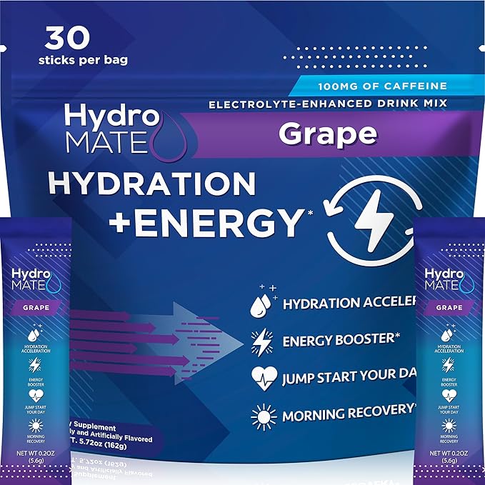 HydroMATE Electrolytes Powder Drink Mix Packets Hydration Accelerator Low Sugar Rapid Party Relief Recovery Vitamin C Plus Grape Pack 30 Count