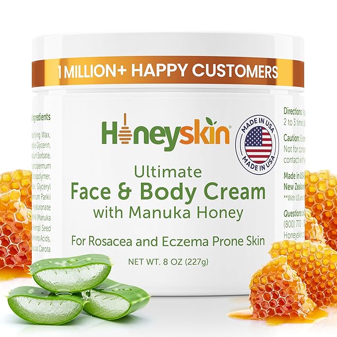 Honeyskin Ultimate Face & Body Cream with Manuka Honey MGO 514+ - Organic Hydrating Moisturizer for Extremely Dry, Sensitive Skin - Soothing Cream for Dry, Itchy & Flaky Skin 8oz