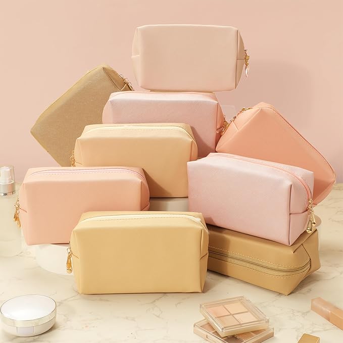 Sanwuta 9 Pcs Makeup Bags Bulk Bridesmaid Proposal Gifts Cosmetic Bags Preppy PU Leather Double Zipper Toiletry Pouch Portable Travel Organizer Case for Women Bachelorette Gift(Pink Brown Series)