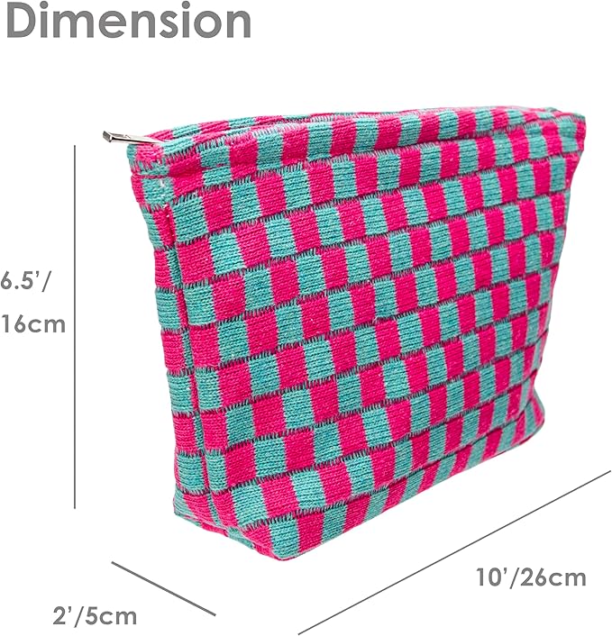 Checkered Makeup Bag for Purse, Small Flat Cosmetic Pouch,Magenta Green