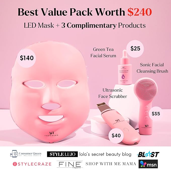 VogueNow LED Face Mask Light Therapy Premium Spa Kit (4 Pcs) - With Ultrasonic Scrubber, Sonic Brush & Green Tea Serum - 7 Colors (Blue & Red) Light Therapy Mask (Light Pink)