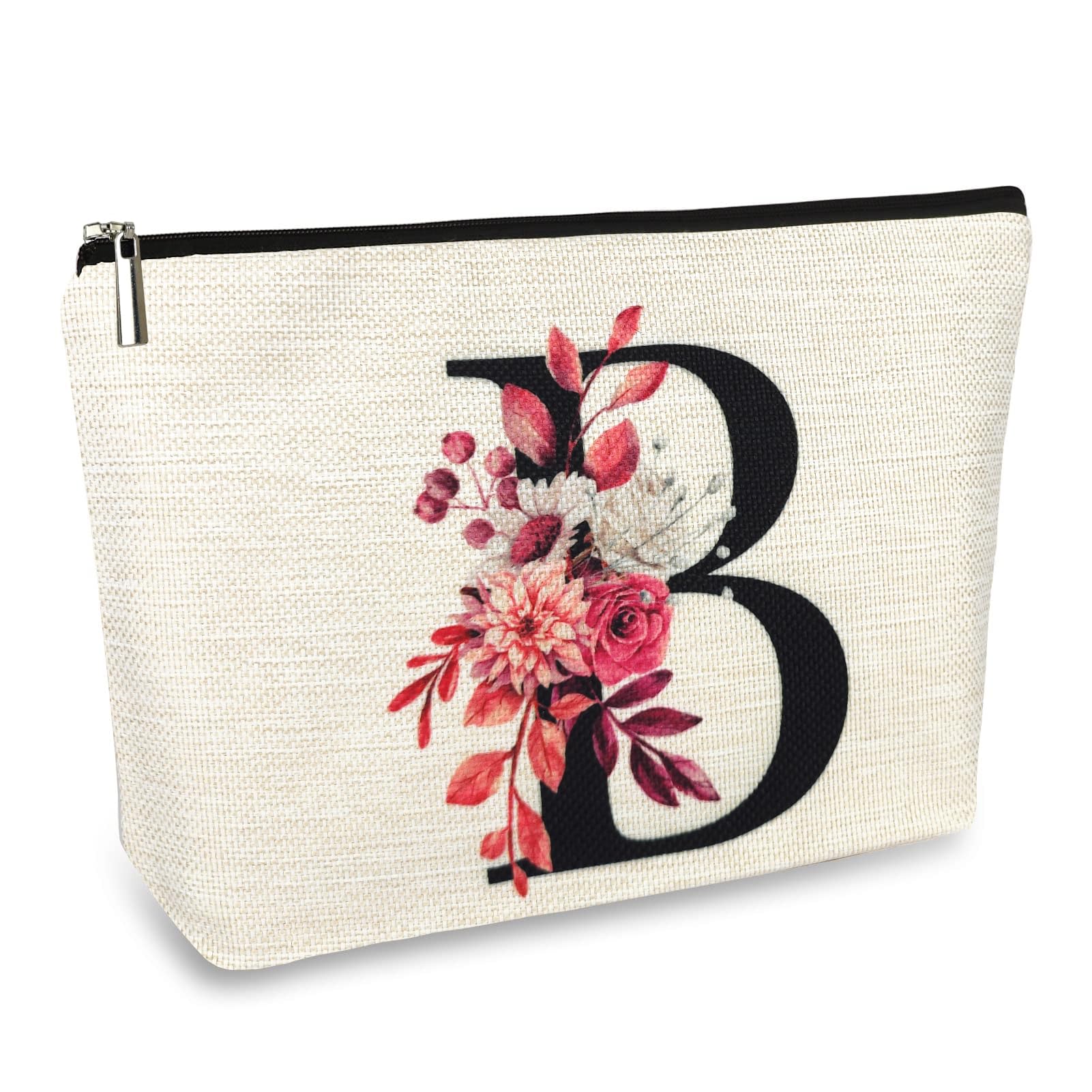 Initial A-Z Personalized Floral Makeup Bag, Monogrammed Birthday Gifts for Women Mom, Mothers Day Christmas Gift Ideas for Best Friend, Bride Bridesmaid, Her, Grandma, Small Travel Cosmetic Bag (B)
