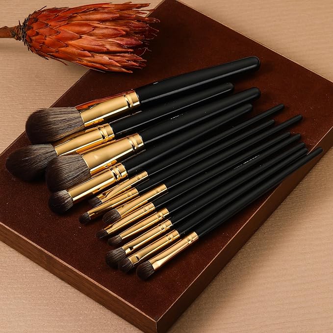 B BRUSH ARTIST 12 PCs Premium Synthetic Black Makeup Brush Set: Face Powder Brush, Contour Brush, Blush Brush, Eyeshadow Brush, Eyebrow Brush, Concealer Brush, Travel Size
