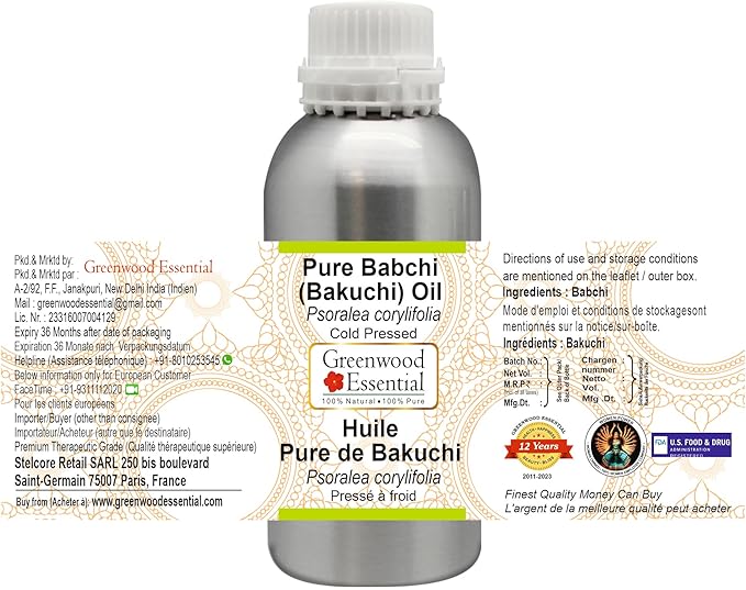 Greenwood Essential Babchi (Bakuchi) Oil (Psoralea corylifolia) | Cold Pressed | Natural | Undiluted | For Diluting Essential Oils | For Skin & Massage | Men & Women | 300ml (10 oz)