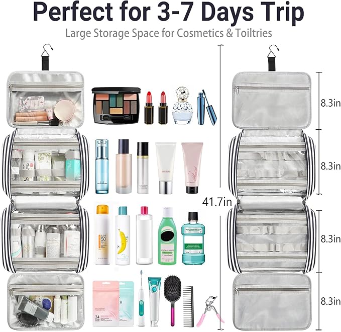 Bosidu Toiletry Bag for Women Large Capacity Hanging Travel Toiletry Organizer for Traveling Women with 4 Compartments & 1 Hanging Hook Travel Comestic Makeup Bag for Full Size Toiletries