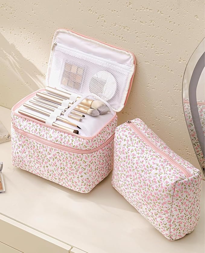 HBselect 2Pcs Travel Makeup Bag Large Quilted Cosmetic Bag Make up Bag