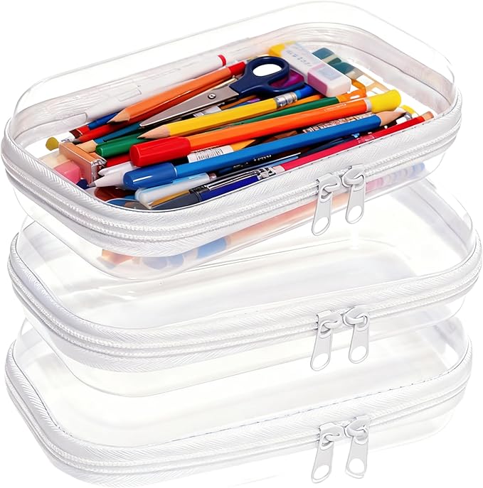 PGAXM 3PCS Clear Hard Plastic Zipper Case, Double Zippers Hard Pouch, Portable Travel Organizer Bin Clear Makeup Bag for Toy Storage, Snack Bag, Cosmetics, Diaper Bag, Toiletry Bag (3PCS-S)