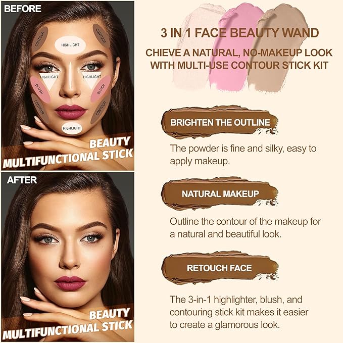 3Pcs Contour Stick Kit,Shades with Highlighter Blush Bronzer, #1 LIGHT FAIR