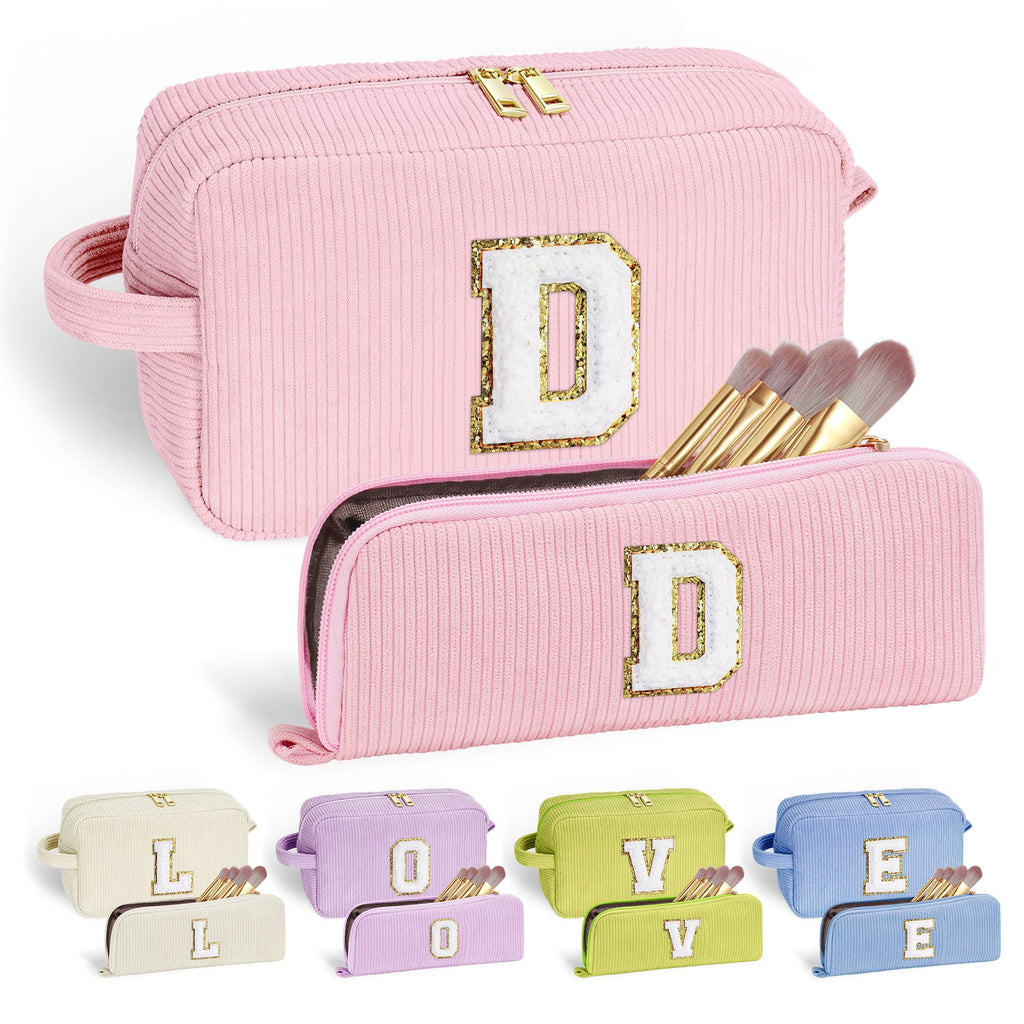 YOOLIFE Pink Makeup Bag, Gifts for Teen Girls, Birthday Gifts for Girls Cute Gifts Preppy Stuff Daughter Girls Sister Gifts for Teen Girls Women Cute Monogram Makeup Bag Cosmetic Bag Pink Letter D