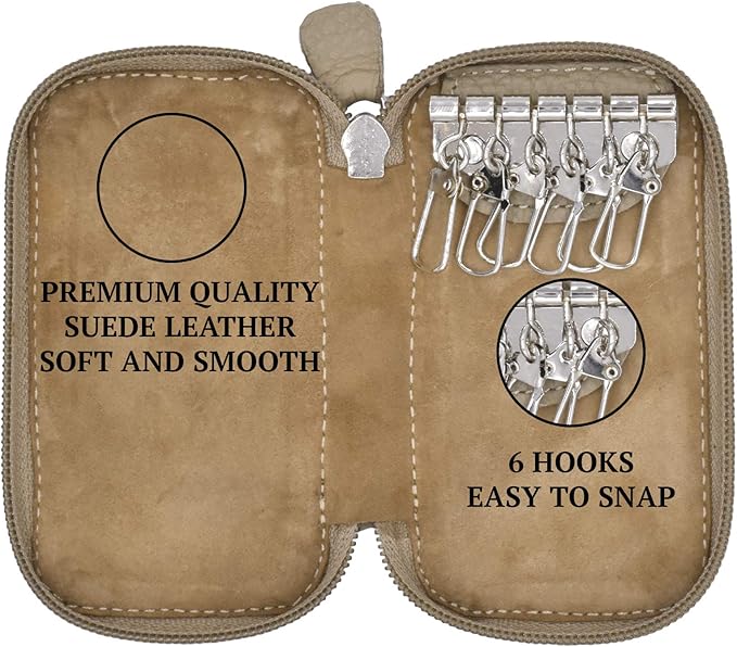 Adamis Full Grain Genuine Leather Keychain Holder Pouch, Key Case, Soft Strong and Compact Organizer and Wallet with Zip Closure for Extra Safety and 6 Key Holder Hooks in Beige