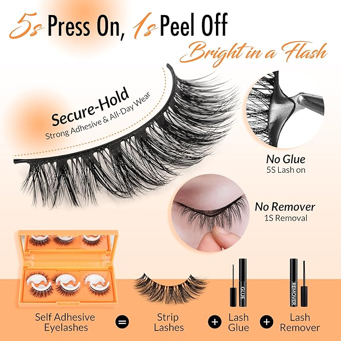 Bepholan Self Adhesive Eyelashes Natural Look Press On Lashes No Glue Needed Pre Glued Eyelashes Reuseable Waterproof Self Adhesive Lashes Wispy Fluffy Lashes with Tweezer3 Pairs Pack