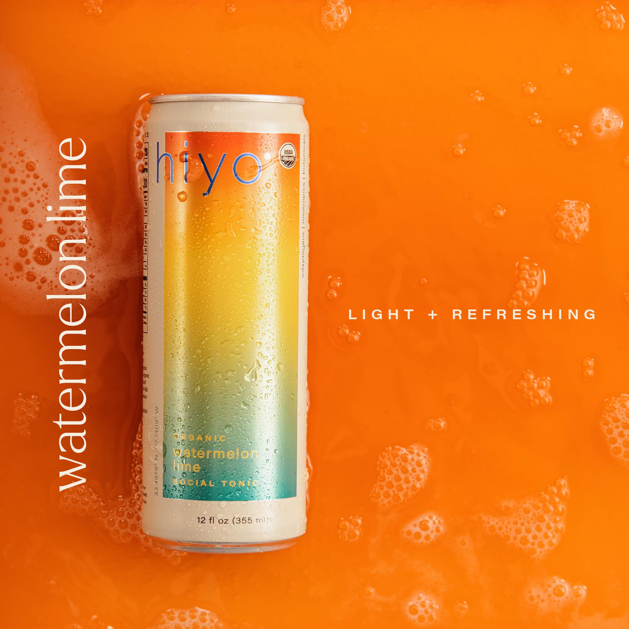 Hiyo Organic Social Tonic – Watermelon Lime, 12 Pack - Non-Alcoholic Functional Seltzer, Flavored Sparkling Water Crafted with Organic Adaptogens, Nootropics & Botanicals