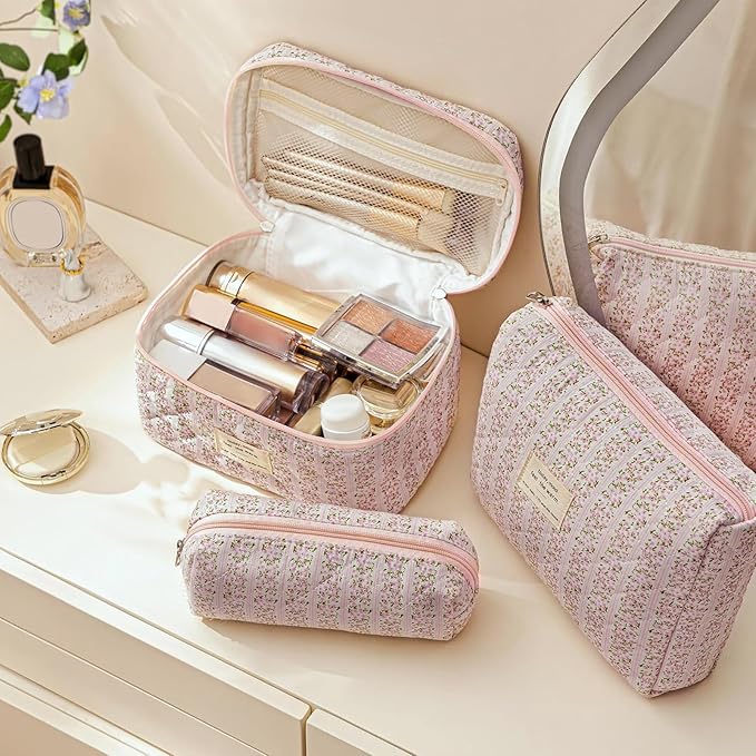 HBselect Quilted Makeup Bag, 3Pcs Cotton Large Travel Makeup Bags Organizer