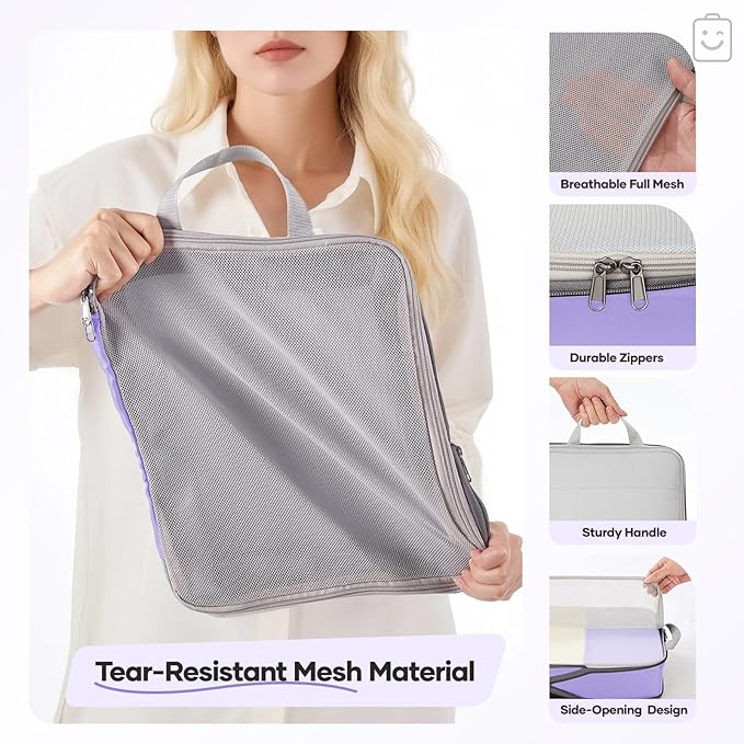 Veken 11 Set Compression Packing Cubes Garment Bags for Travel Essentials,Compressible Expandable Luggage Organizer Bags for Clothing,Space Saver Bags with Over 1000 pcs of Mesh Holes(Light Purple)