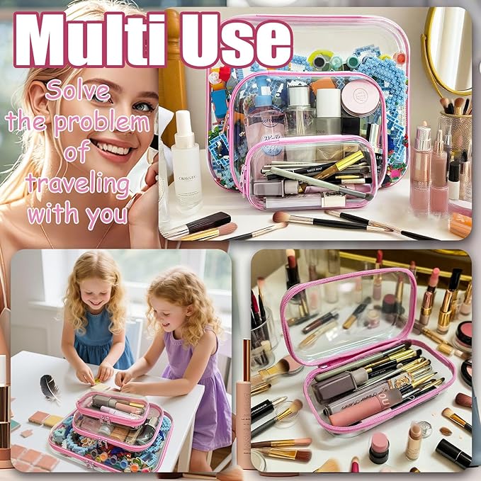 YOQIVEXU 3 Pcs Clear Hard Zipper Case, Hard Shell Plastic Clear Organizer Bag, Transparent Makeup Pouches, Portable Box for Travel Toiletries Storage Bins (Pink, Multi)