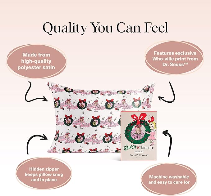 The Grinch x Kitsch Satin Pillowcase W/Zipper - Size 19x26, Cindy Lou