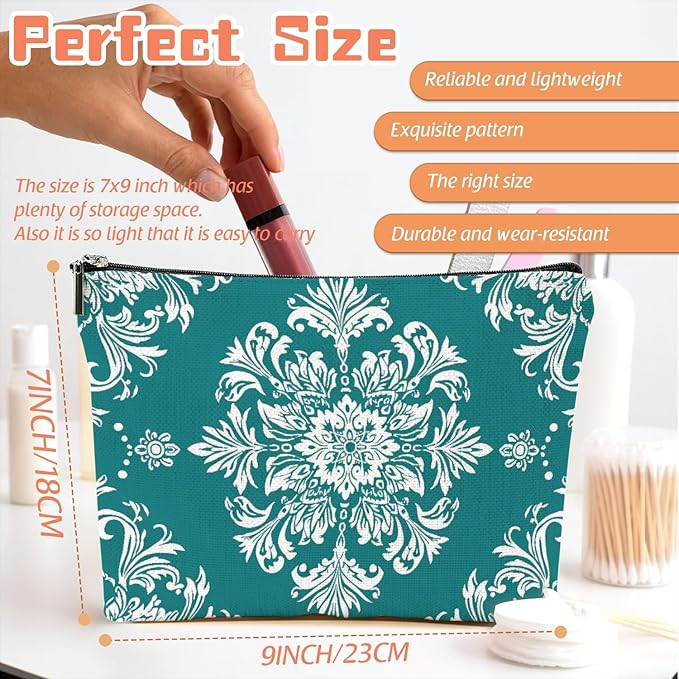 Scribesense Makeup Bag Travel Cosmetic Bags Small Makeup Case Waterproof Zipper Pouch for Women Girls 7X9inches - White Floral Ornamentation in A Circular Layout