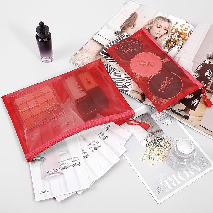 Sinzip 12 Pieces Zipper Nylon Mesh Pouch, Mesh Cosmetic Bags Makeup Bags Pencil Case, Multipurpose Travel Bags for Cosmetic School Office Supplies and Travel Accessories (Red, A5)
