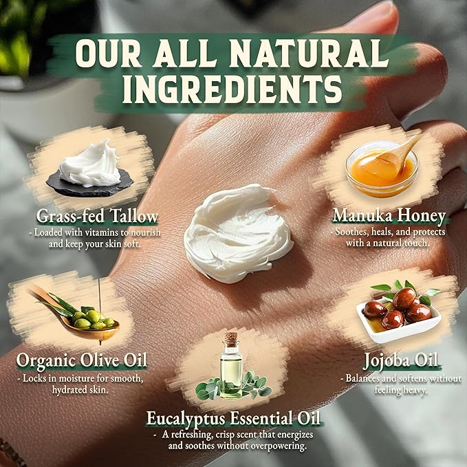 Organic Beef Tallow for Skin & Face - Whipped Honey Balm, Eucalyptus (4 OZ)